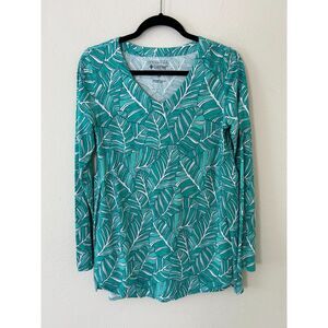 Coolibar‎ Shirt Womens XS Floral Green Kera V-Neck Tunic Tan UPF 50+ Long Sleeve